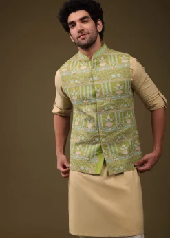 Pista Green Jacket Kurta Set In Art Silk With Threadwork