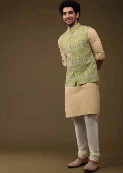Pista Green Jacket Kurta Set In Art Silk With Threadwork