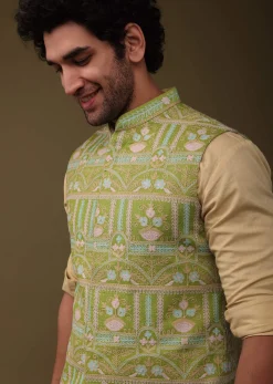 Pista Green Jacket Kurta Set In Art Silk With Threadwork