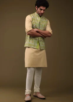Pista Green Jacket Kurta Set In Art Silk With Threadwork