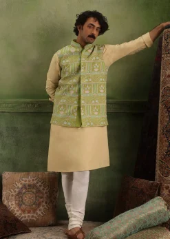 Pista Green Jacket Kurta Set In Art Silk With Threadwork