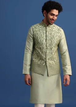 Pista Green Kurta Jacket Set With Resham Work For Men