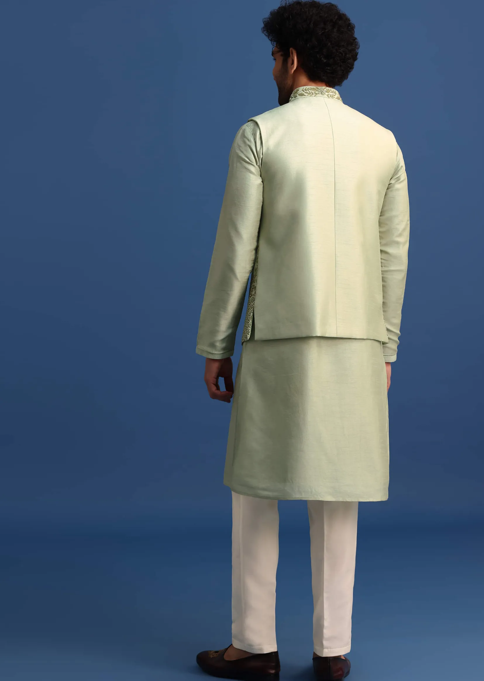 Pista Green Kurta Jacket Set With Resham Work For Men