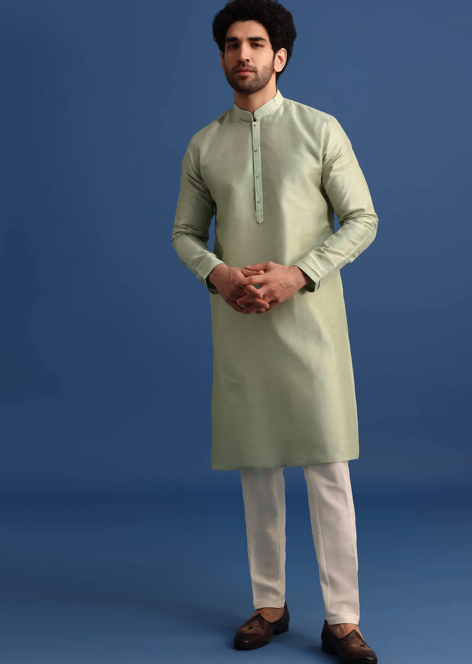 Pista Green Kurta Jacket Set With Resham Work For Men