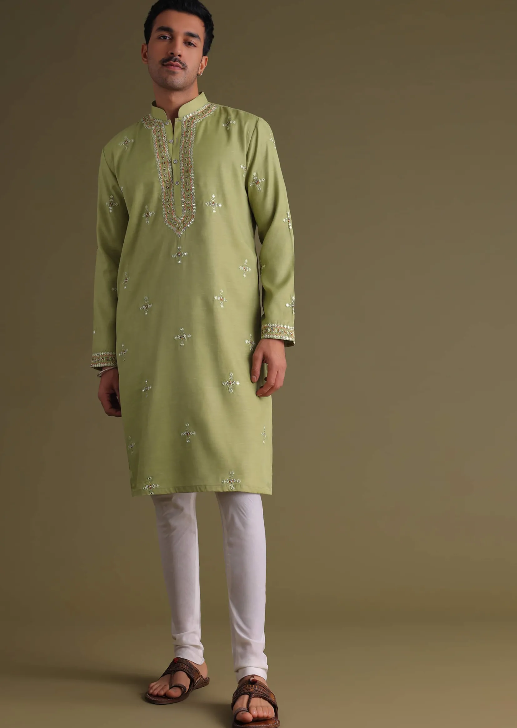 Pista Green Kurta Set In Silk With Mirror Embroidery