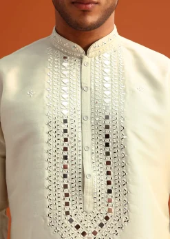 Pista Green Kurta Set In Silk With Mirror Embellishments