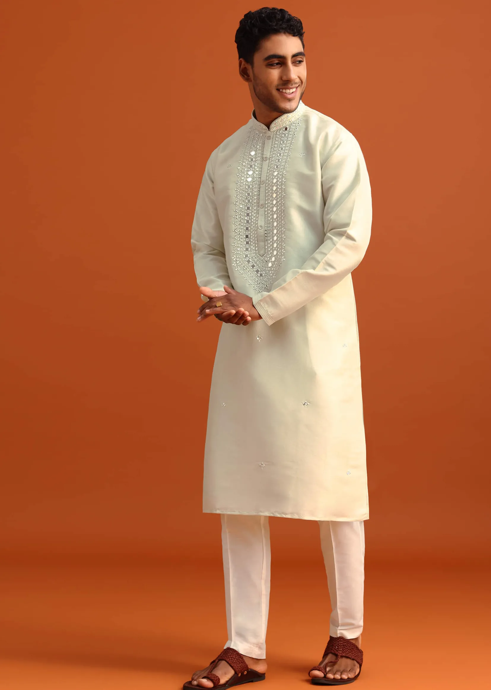 Pista Green Kurta Set In Silk With Mirror Embellishments