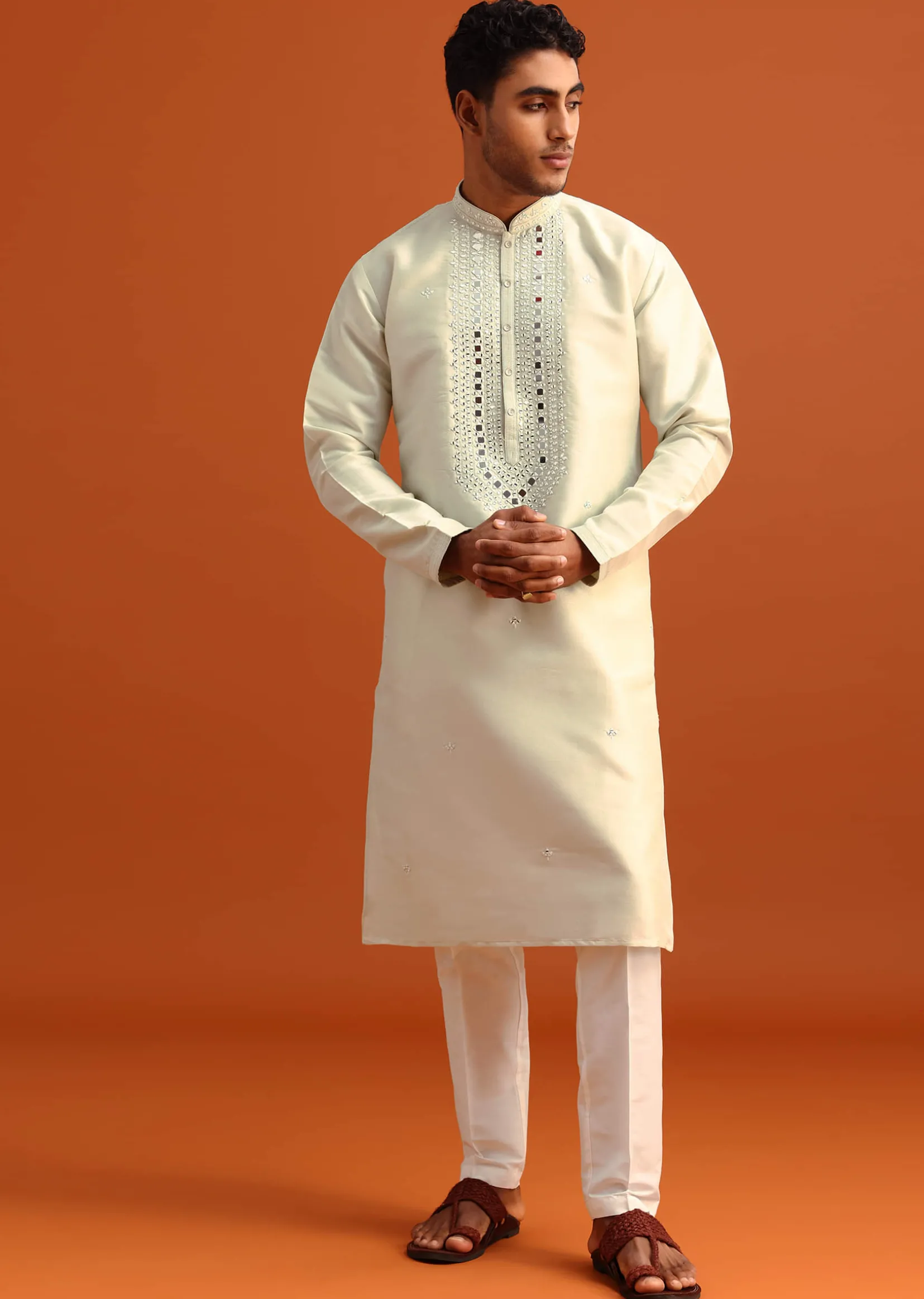 Pista Green Kurta Set In Silk With Mirror Embellishments