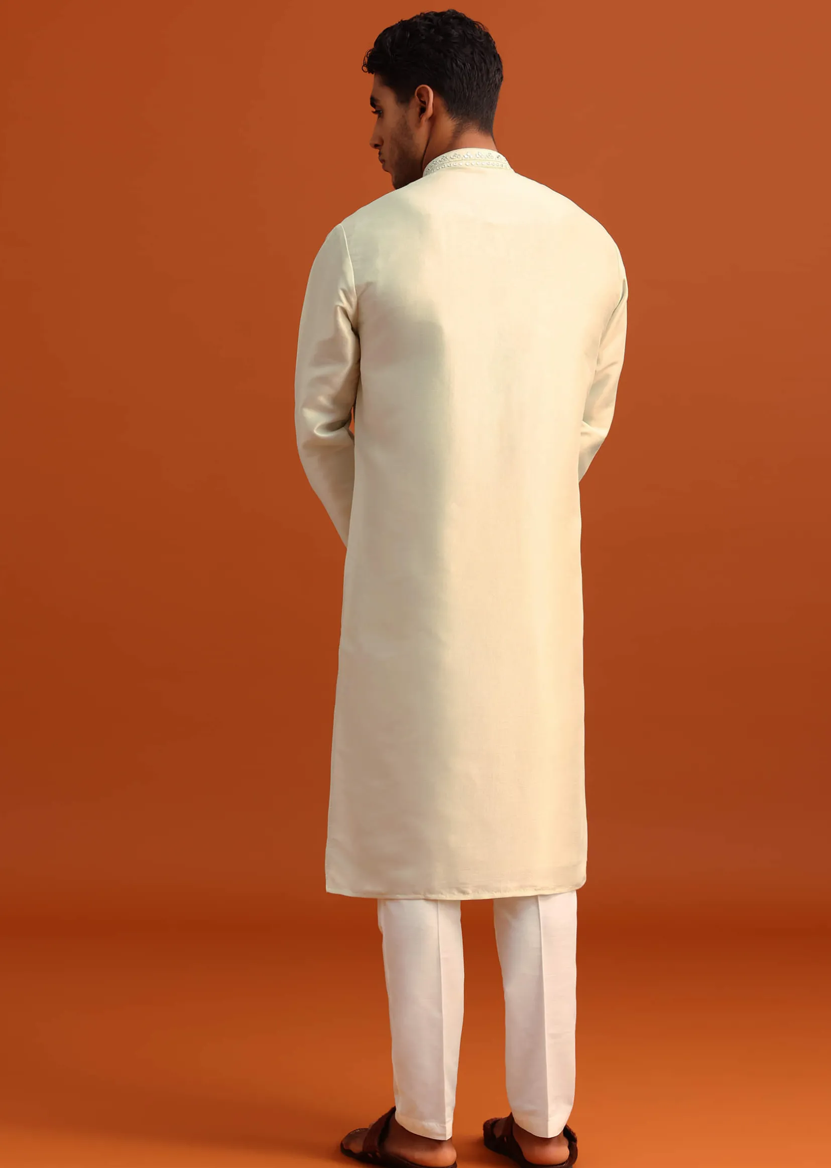 Pista Green Kurta Set In Silk With Mirror Embellishments