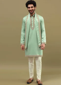 Pista Green Kurta Set In Resham Work With Dupatta For Men