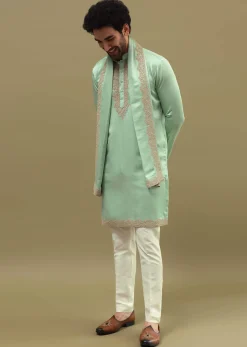 Pista Green Kurta Set In Resham Work With Dupatta For Men