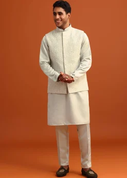 Pista Green Linen Satin Mirror Work Jacket Kurta Set