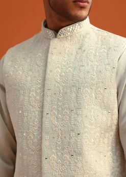 Pista Green Linen Satin Mirror Work Jacket Kurta Set
