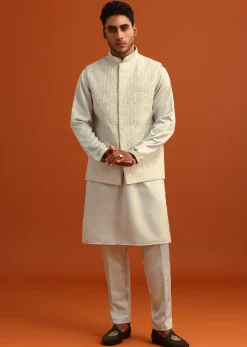 Pista Green Linen Satin Mirror Work Jacket Kurta Set
