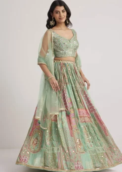 Pista Green Mirror And Zari Embroidered Lehenga Set