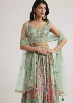 Pista Green Mirror And Zari Embroidered Lehenga Set