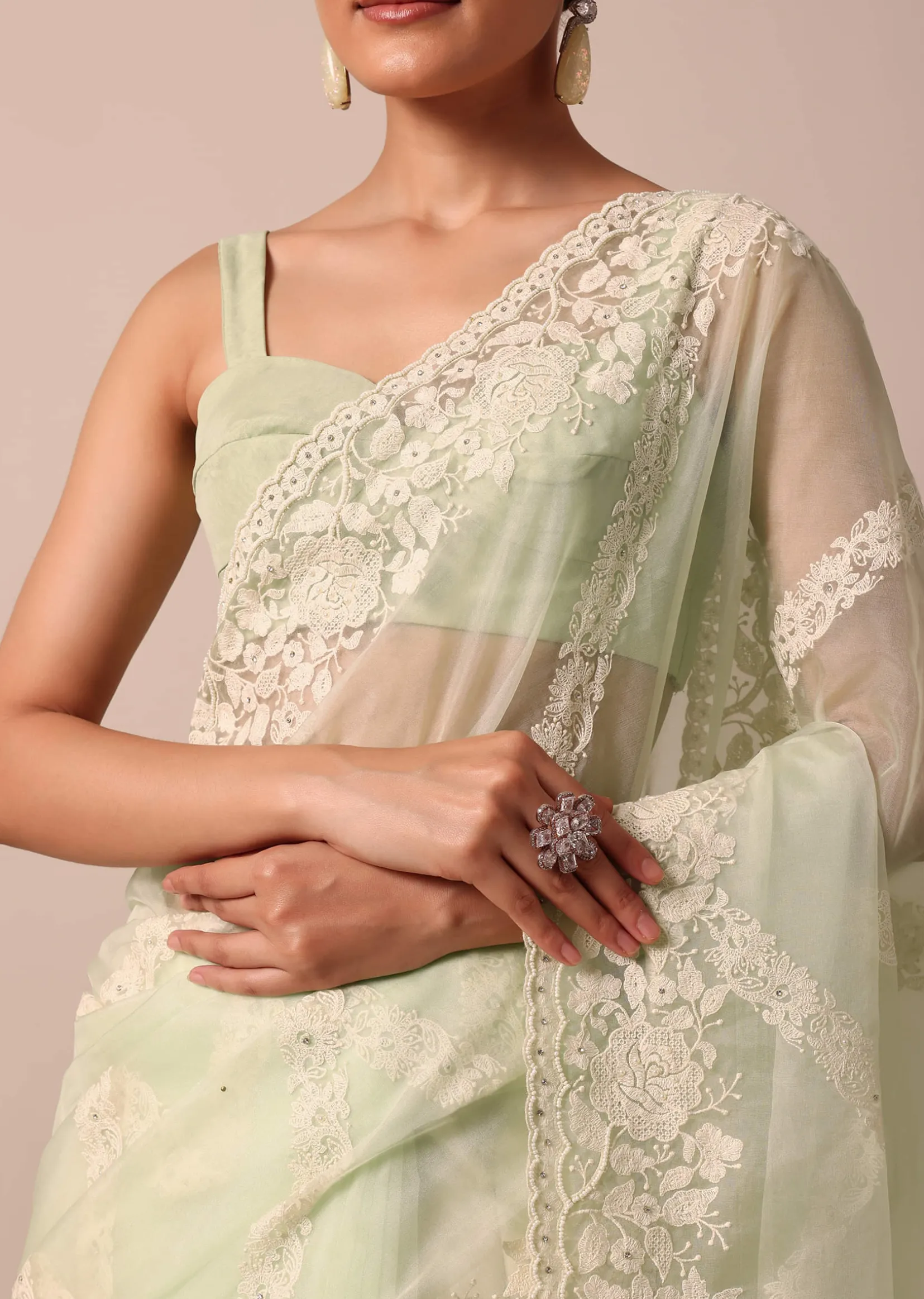 Pista Green Organza Silk Chikankari Saree With Bead Work And Unstitched Blouse Fabric