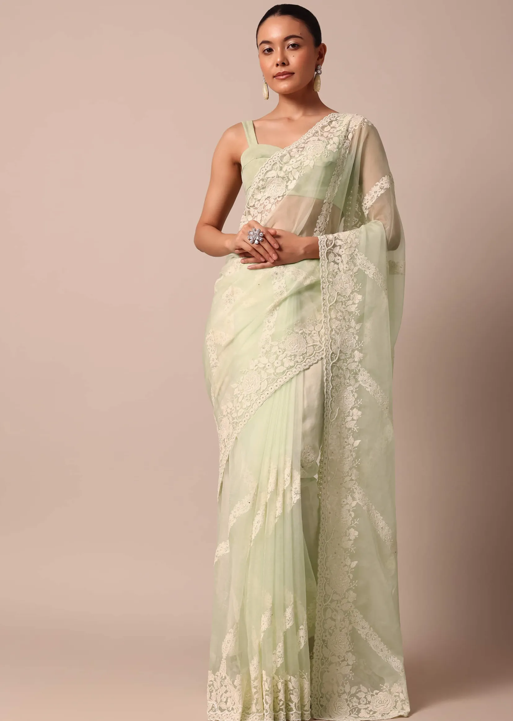 Pista Green Organza Silk Chikankari Saree With Bead Work And Unstitched Blouse Fabric