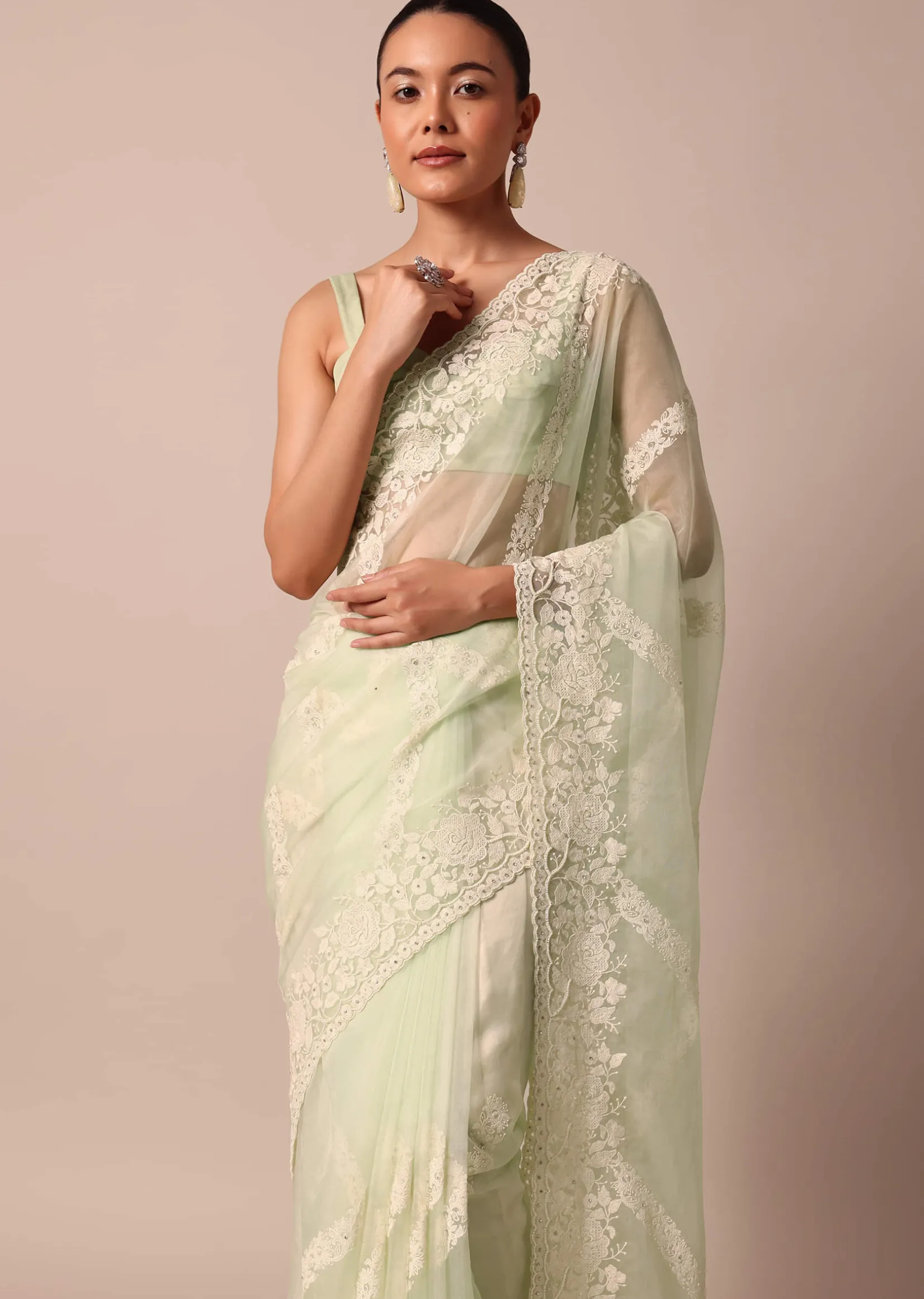 Pista Green Organza Silk Chikankari Saree With Bead Work And Unstitched Blouse Fabric