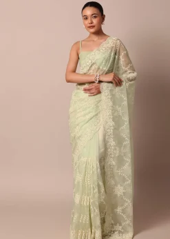 Pista Green Organza Silk Chikankari Saree With Floral Thread Jaal Work And Unstitched Blouse Fabric