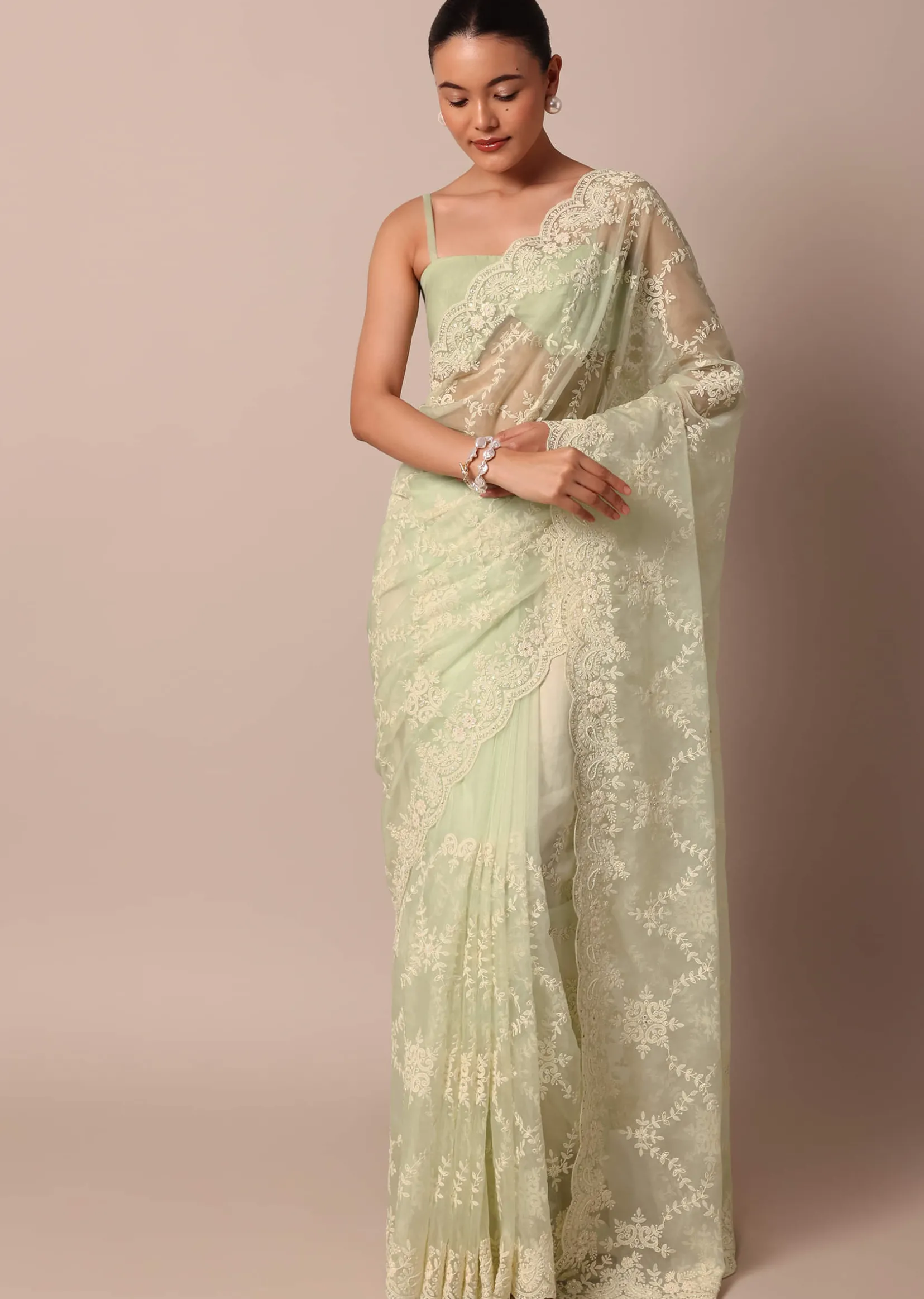 Pista Green Organza Silk Chikankari Saree With Floral Thread Jaal Work And Unstitched Blouse Fabric