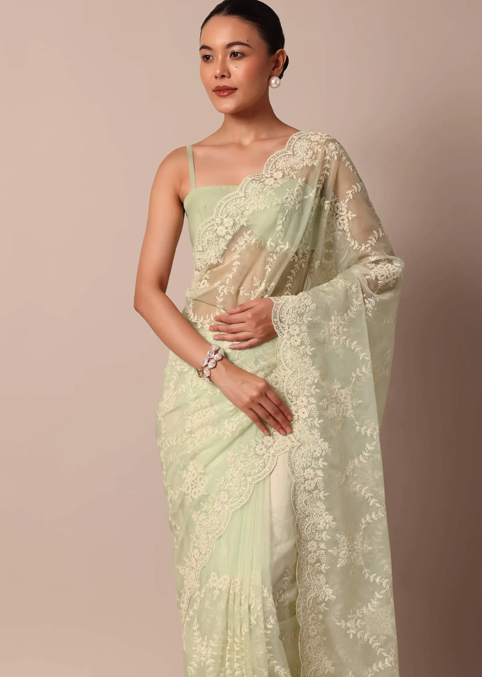 Pista Green Organza Silk Chikankari Saree With Floral Thread Jaal Work And Unstitched Blouse Fabric