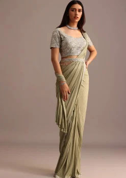 Pista Green Pre Draped Saree With Embroidered Blouse And Belt