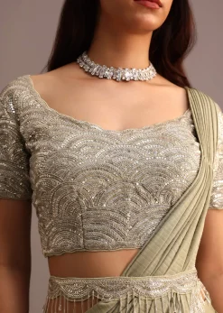 Pista Green Pre Draped Saree With Embroidered Blouse And Belt