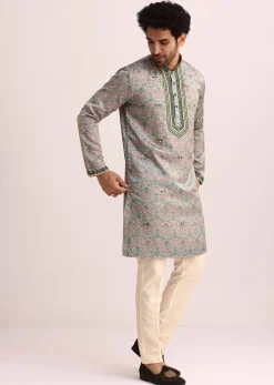 Pista Green Printed Kurta Set With Mirror Work