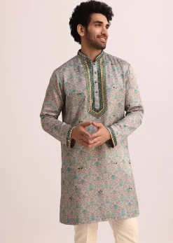 Pista Green Printed Kurta Set With Mirror Work