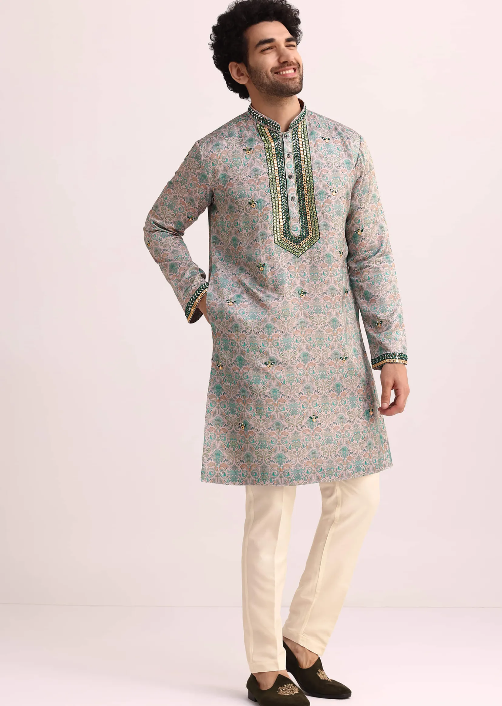 Pista Green Printed Kurta Set With Mirror Work
