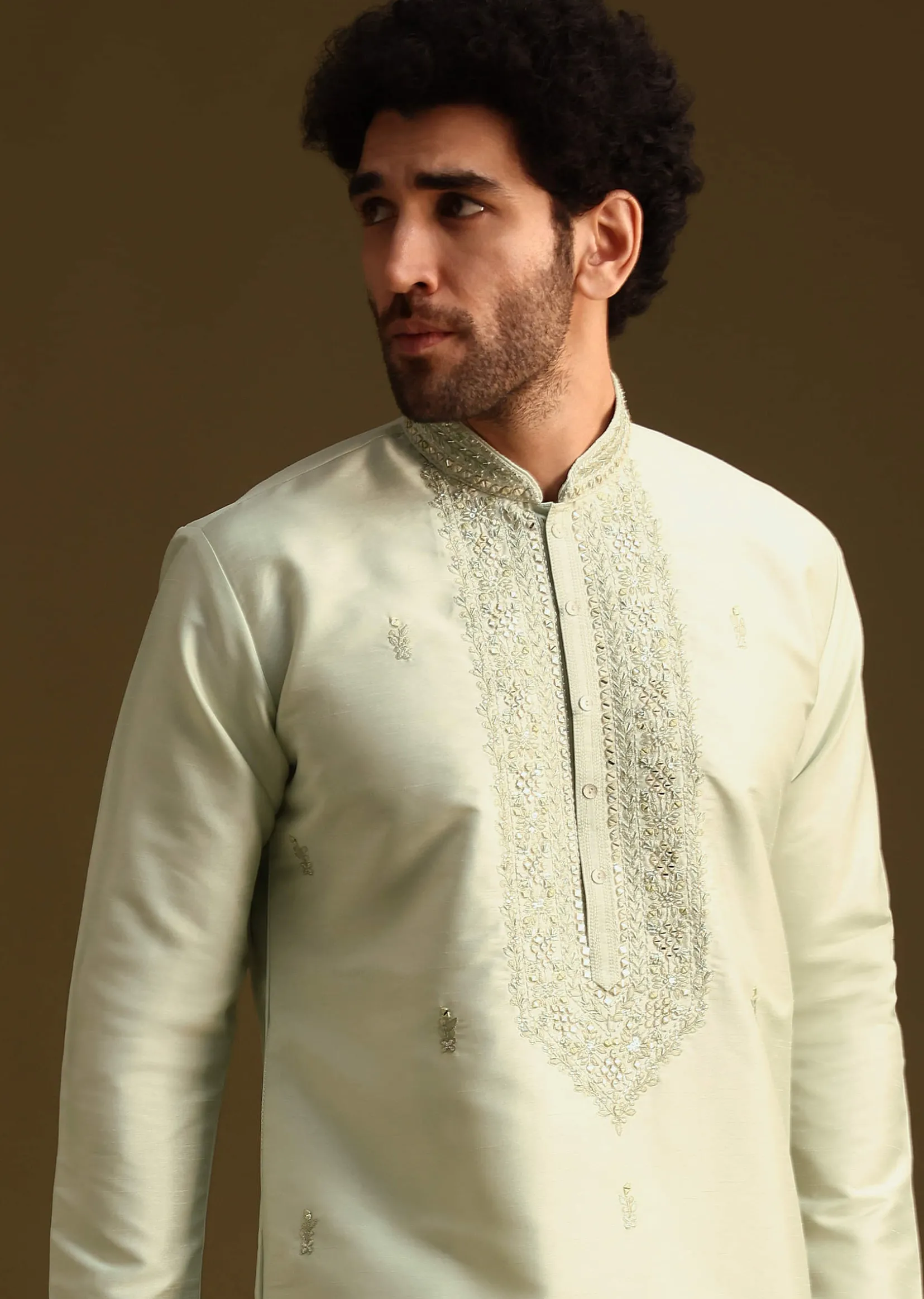 Pista Green Resham Work Kurta and Pant