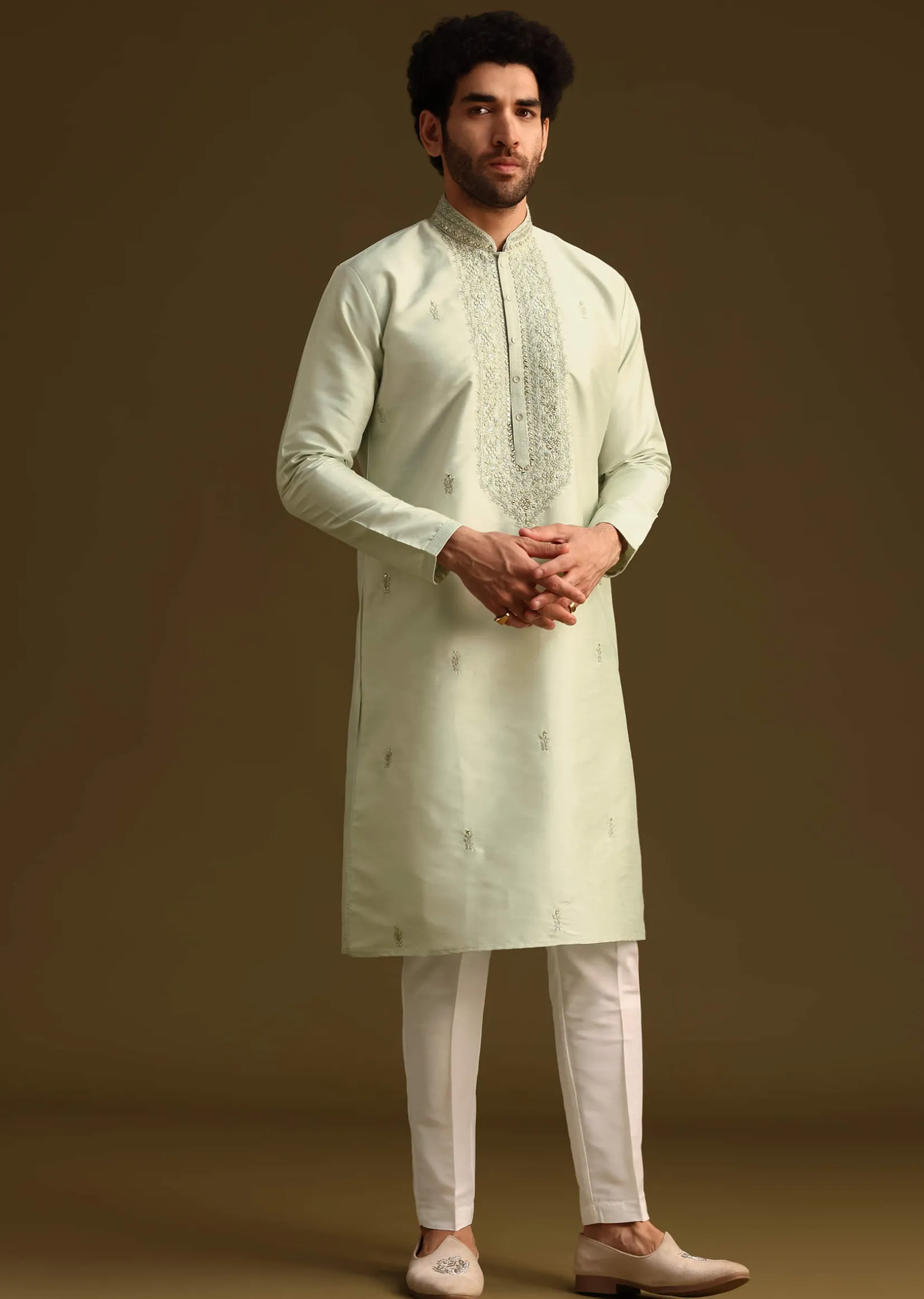 Pista Green Resham Work Kurta and Pant
