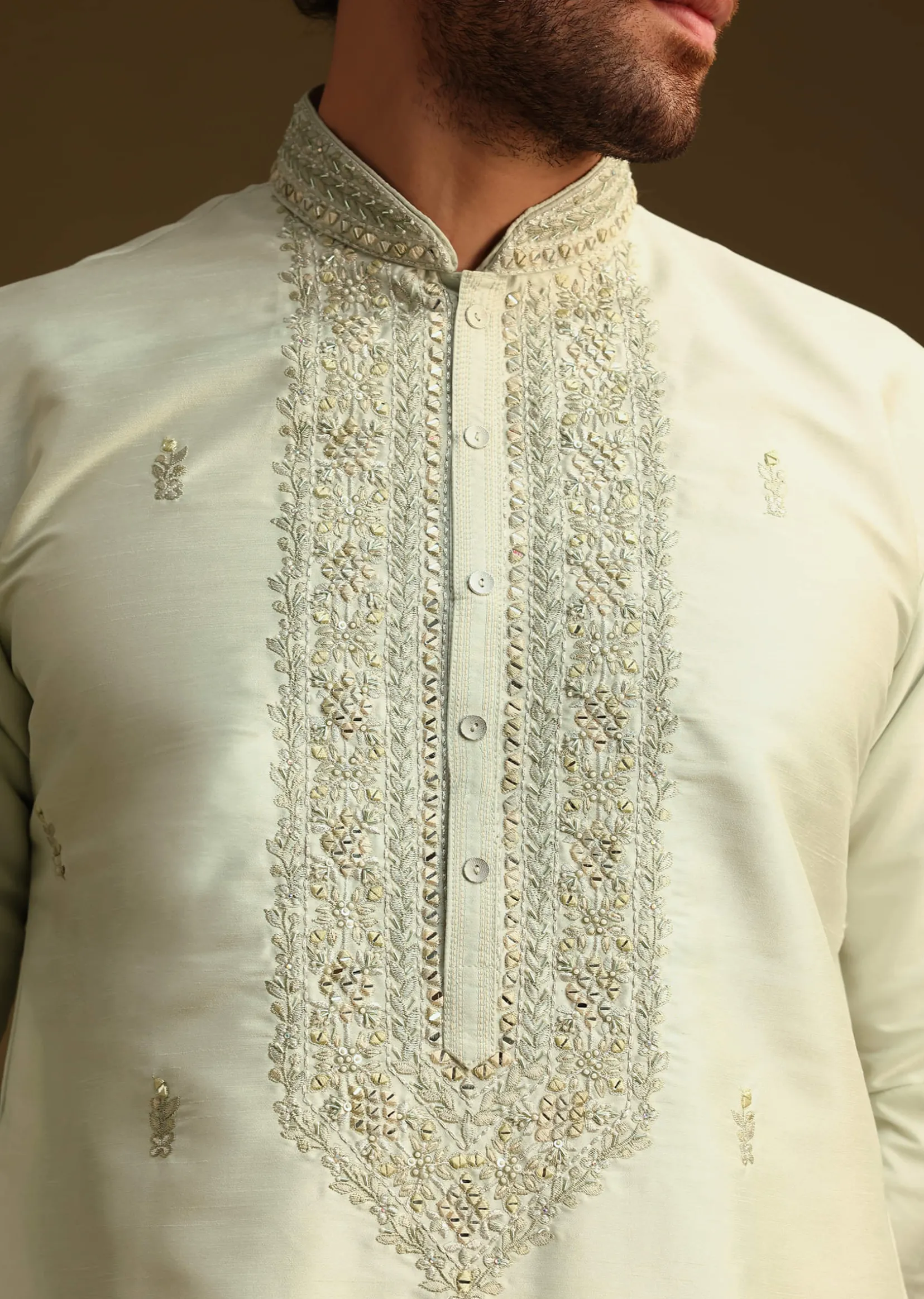Pista Green Resham Work Kurta and Pant