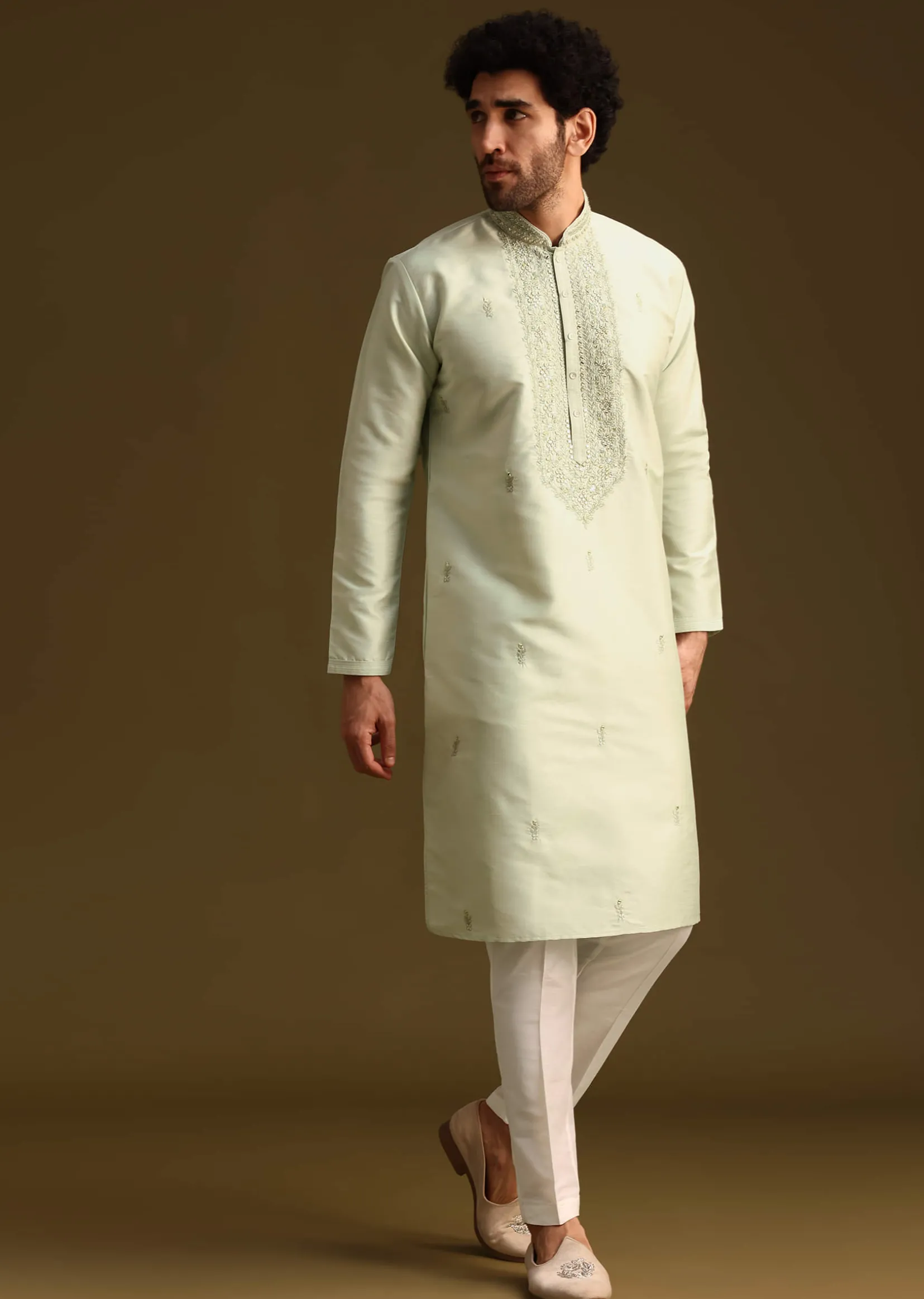 Pista Green Resham Work Kurta and Pant