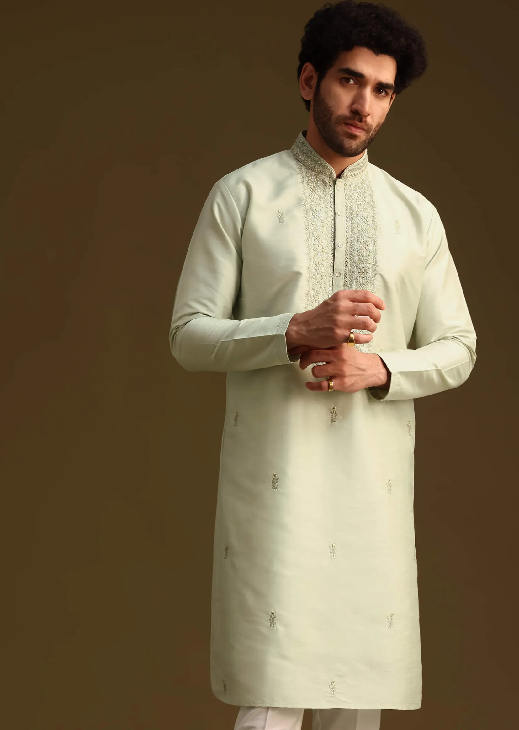 Pista Green Resham Work Kurta and Pant