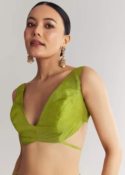Pista Green Saree With Lehariya Print And Floral Gotapatti And Moti Work.