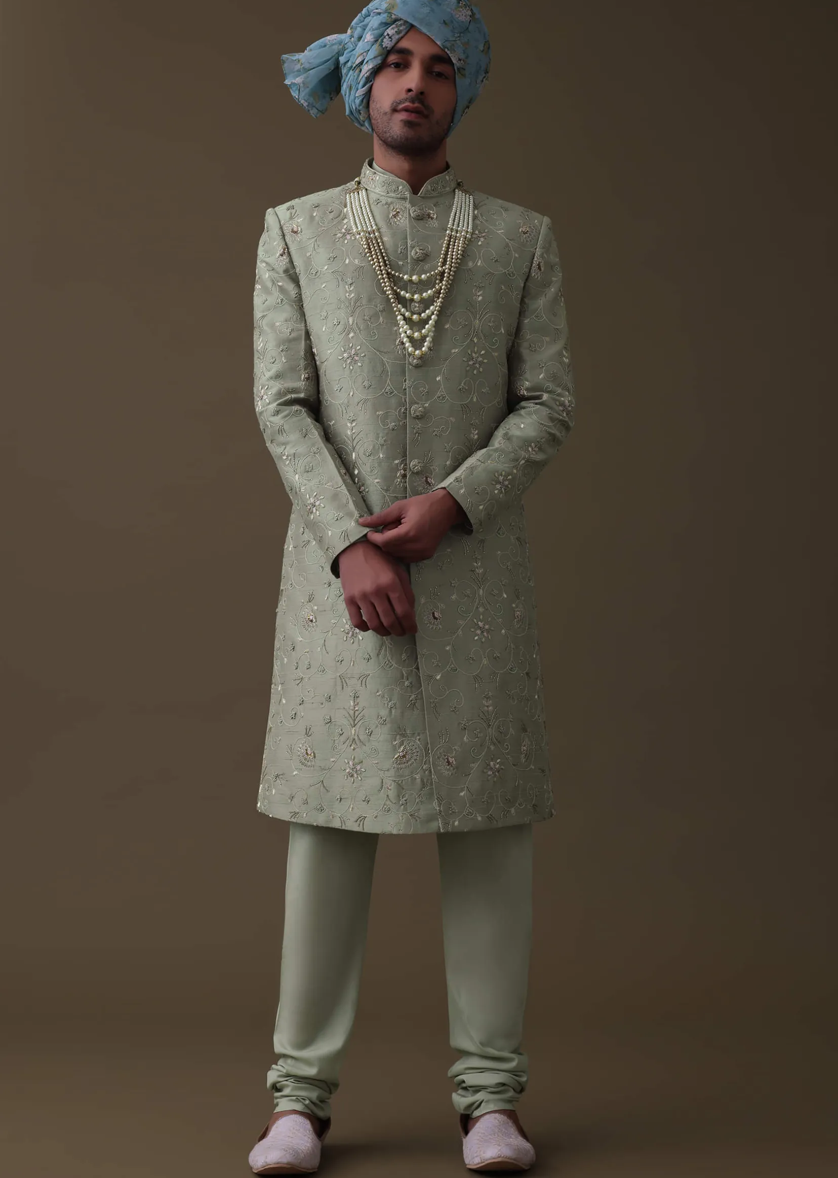Pista Green Sherwani Set In Raw Silk With Cut Dana And Thread Embroidery