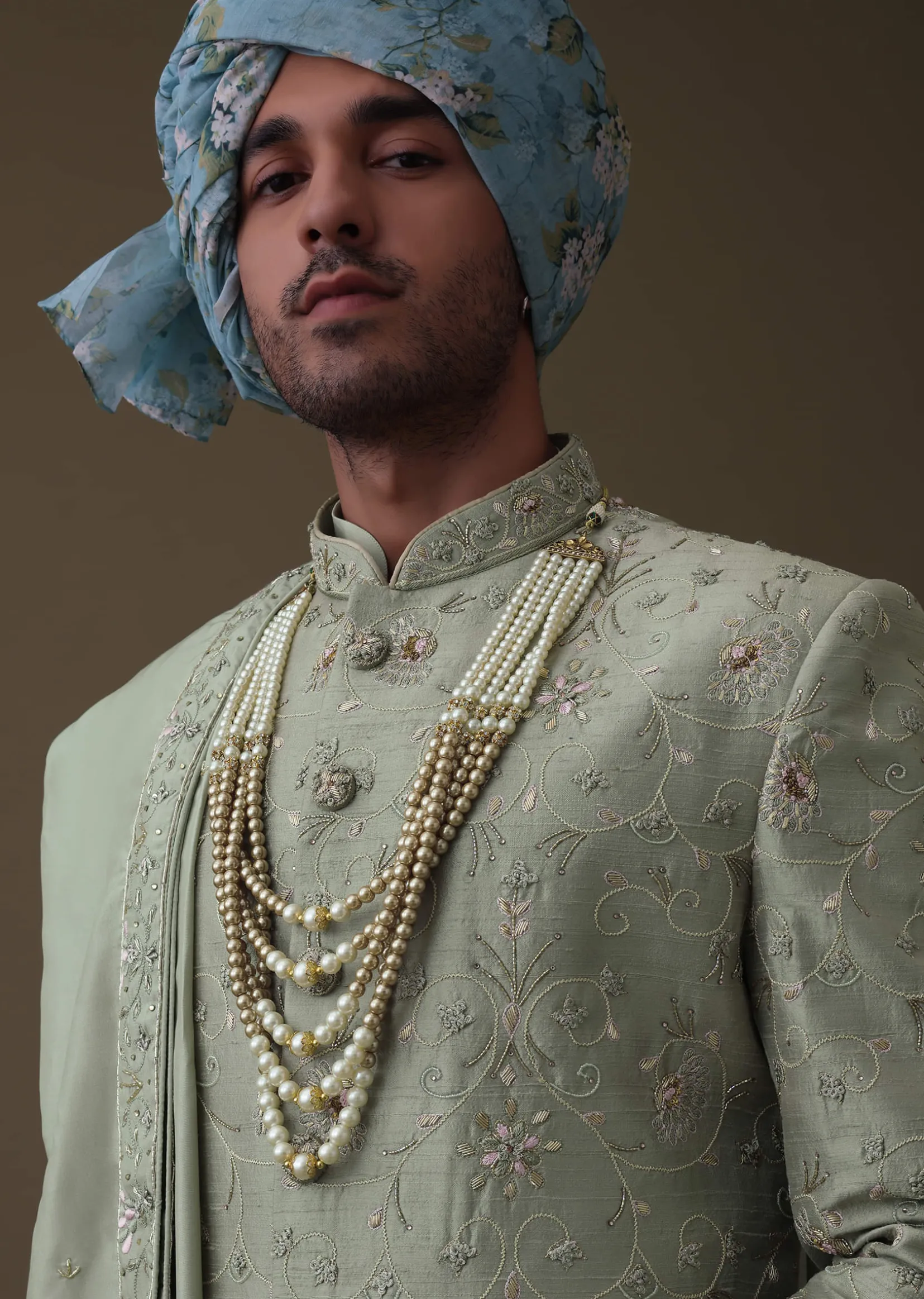 Pista Green Sherwani Set In Raw Silk With Cut Dana And Thread Embroidery