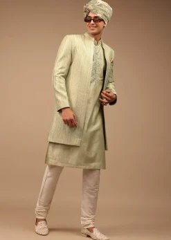 Pista Green Sherwani With Intricate Resham And Mirror Work