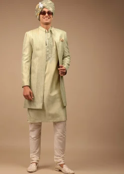 Pista Green Sherwani With Intricate Resham And Mirror Work