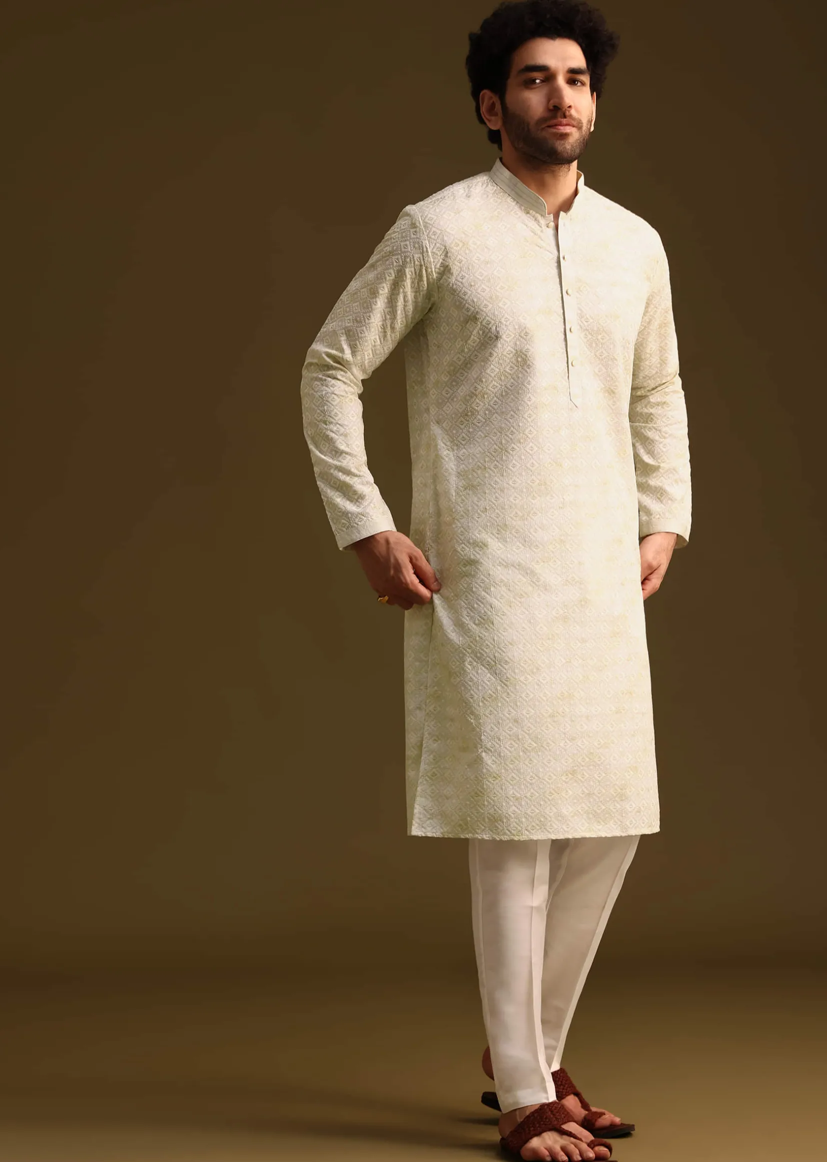 Pista Green Silk Kurta And Pant In Schiffli Work