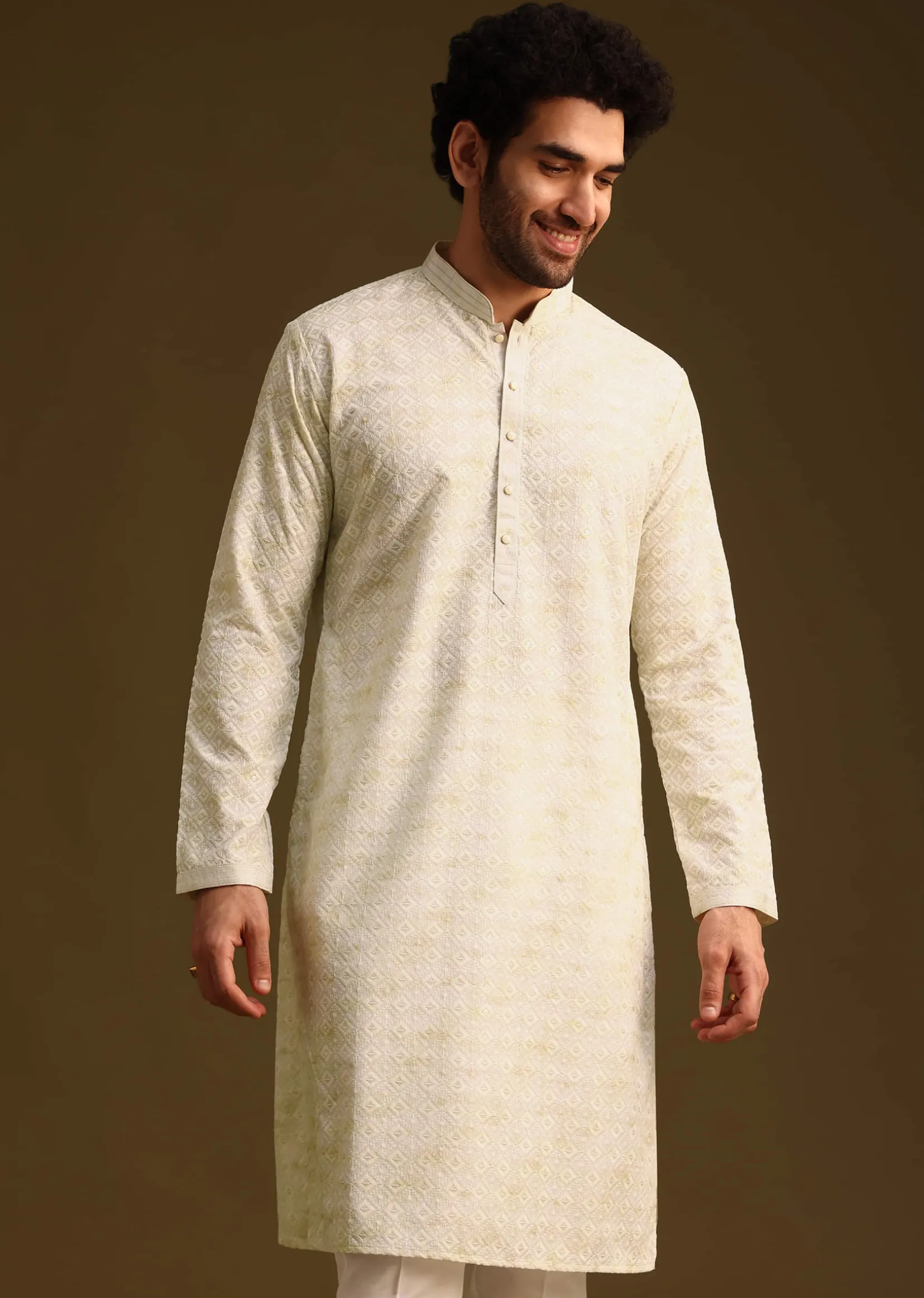 Pista Green Silk Kurta And Pant In Schiffli Work