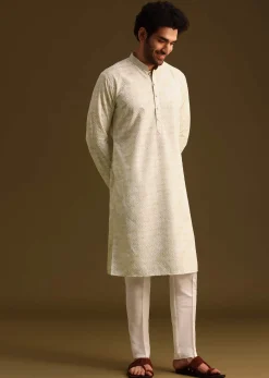 Pista Green Silk Kurta And Pant In Schiffli Work