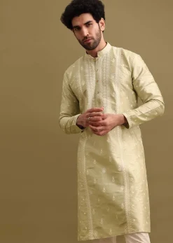 Pista Green Silk Kurta Set With Resham Work For Men