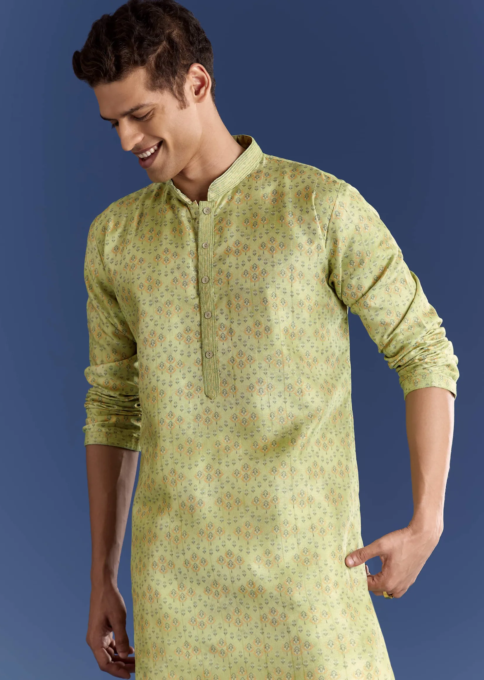 Pista Green Silk Kurta Set With Printed Symmetry