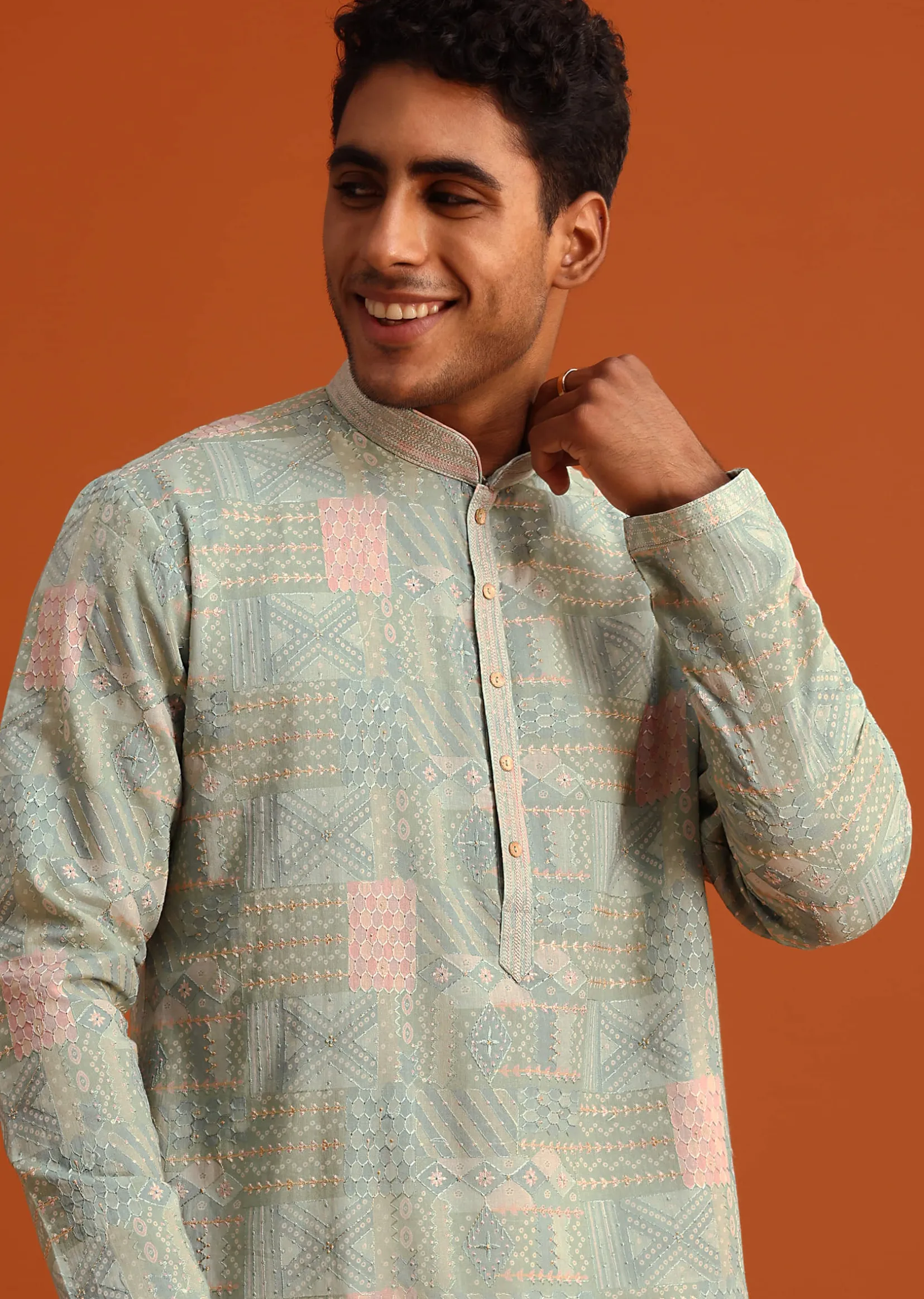 Pista Green Silk Kurta Set With Printed Detail