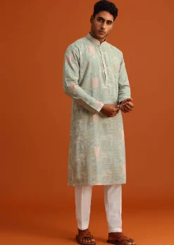 Pista Green Silk Kurta Set With Printed Detail
