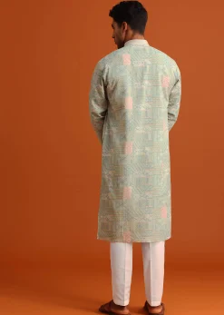 Pista Green Silk Kurta Set With Printed Detail