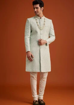 Pista Green Silk Sherwani Set With Beads Embroidery On Collar